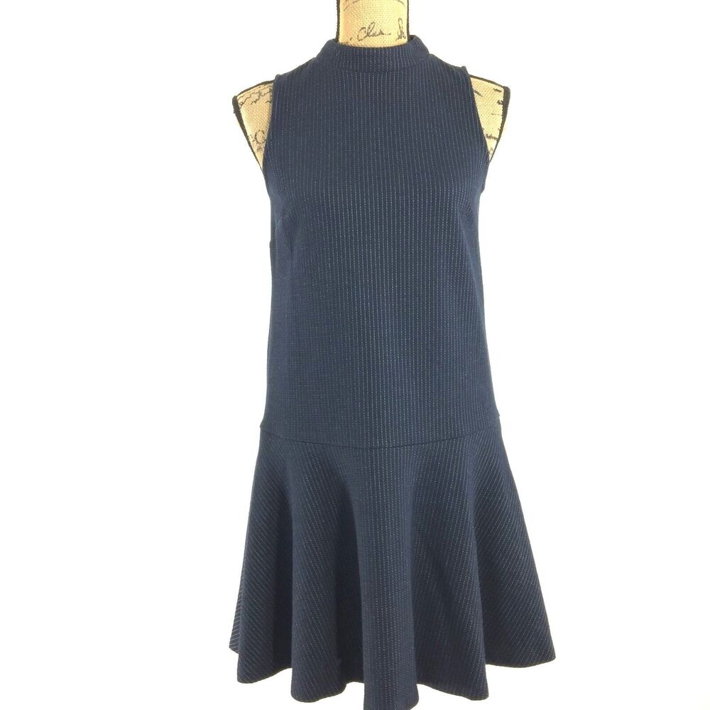 LOFT Dress XXS PETITE Navy Blue Gray Pin Stripe Fit Flare Drop‎ Waist Cute